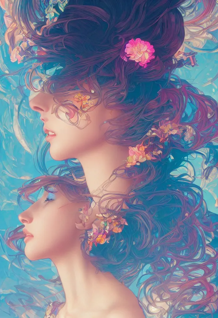 Image similar to beautiful, young woman, detailed gorgeous face, vaporwave aesthetic, synthwave, colorful, psychedelic, artstation, concept art, smooth, extremely sharp detail, finely tuned detail, ultra high definition, 8 k, unreal engine 5, ultra sharp focus, illustration, art by artgerm, greg rutkowski and alphonse mucha