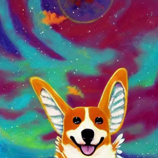 Prompt: corgi with [ angelic wings ]!!, [ flying like a superhero ]!! in the [ night sky ]!! where the stars are visibly perceptible, [ illustration via an abstract artist ]!!