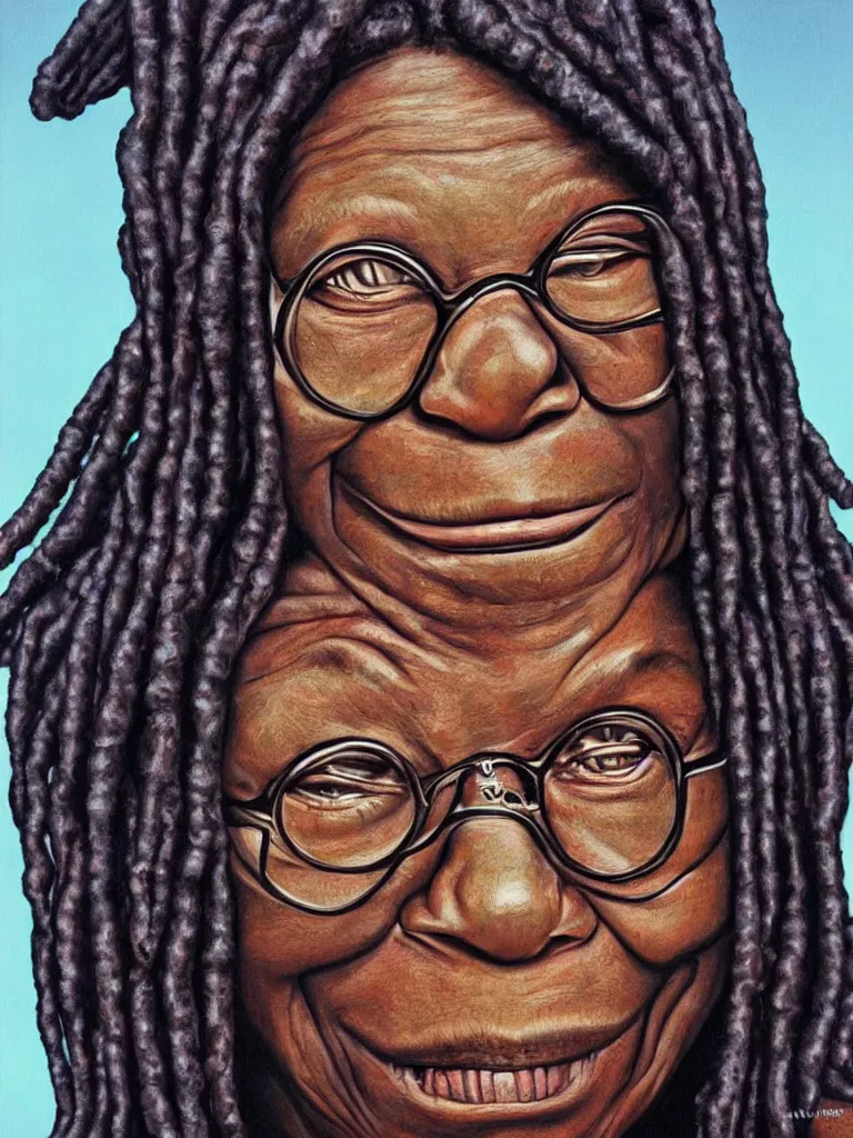 Image similar to portrait of whoopi goldberg, by visionary artist alex grey, painting, hyper realistic, super detailed, high resolution