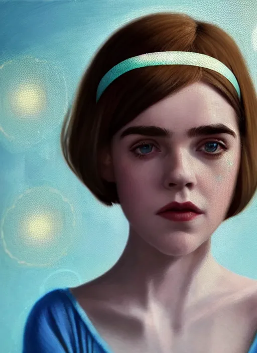 Image similar to portrait of kiernan shipka with freckles, white hair, 1 9 6 0 s bob hairstyle with bangs and hairband, blue 1 9 6 0 s dress, intricate, elegant, glowing lights, highly detailed, digital painting, artstation, concept art, smooth, sharp focus, illustration, art by wlop, mars ravelo and greg rutkowski