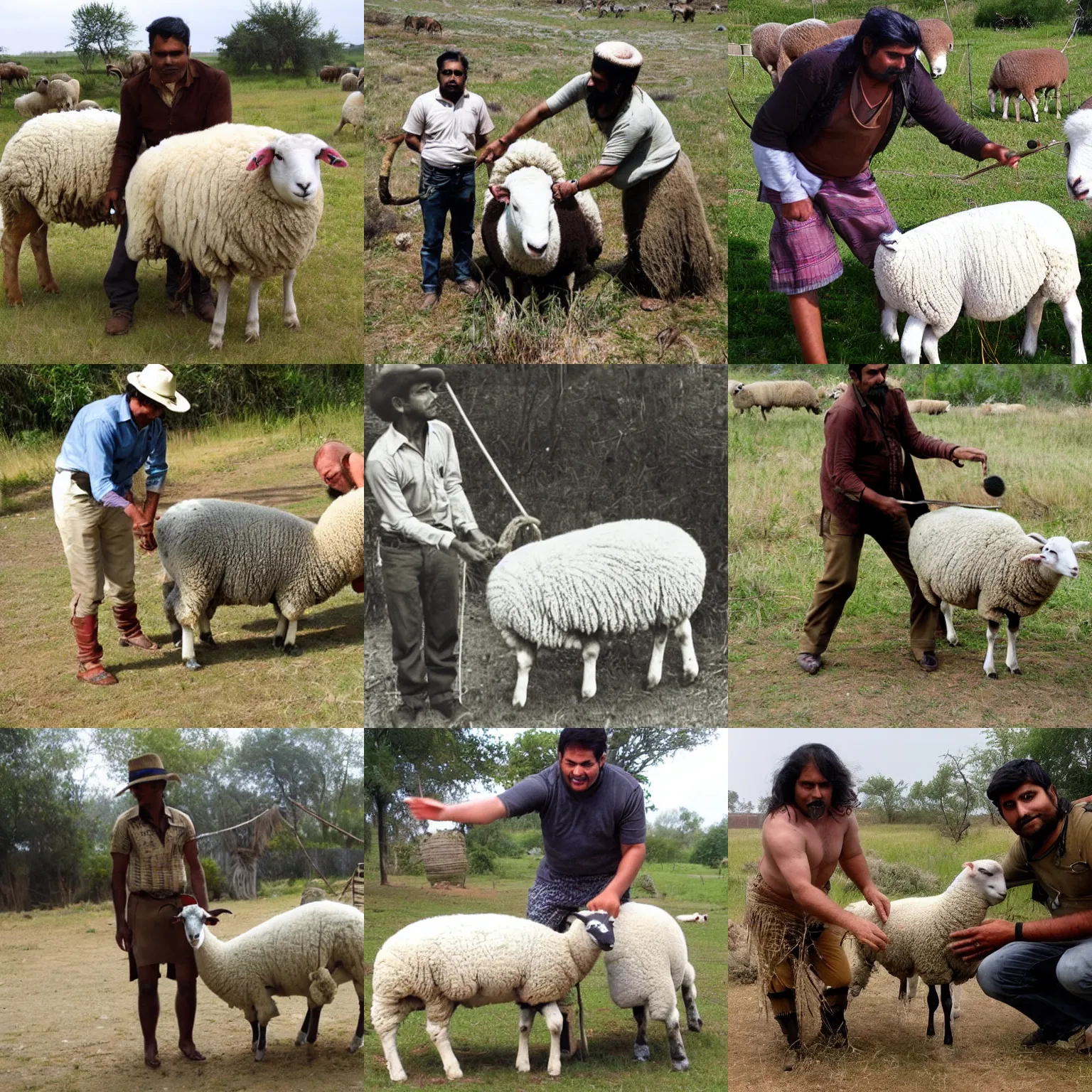 Prompt: Indian Jones taming a sheep