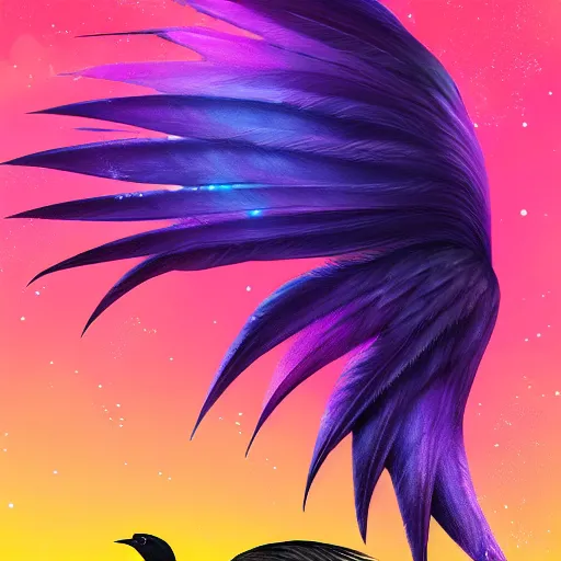 Image similar to skunk, feathers, bird, avian, wings, synthwave, universe background, nebula, galaxy, artstation