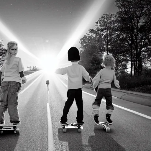 Image similar to three children belly - skateboarding on busy highway, award winning photograph, lens flare, 3 5 mm, cinematic