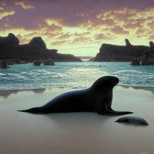 Image similar to a realistic oil painting of a selkie seal on the beach, at night with a sky full of stars, highly detailed, trending on artstation, by james gurney and michael whelan and krenz cushart and alphonse mucha