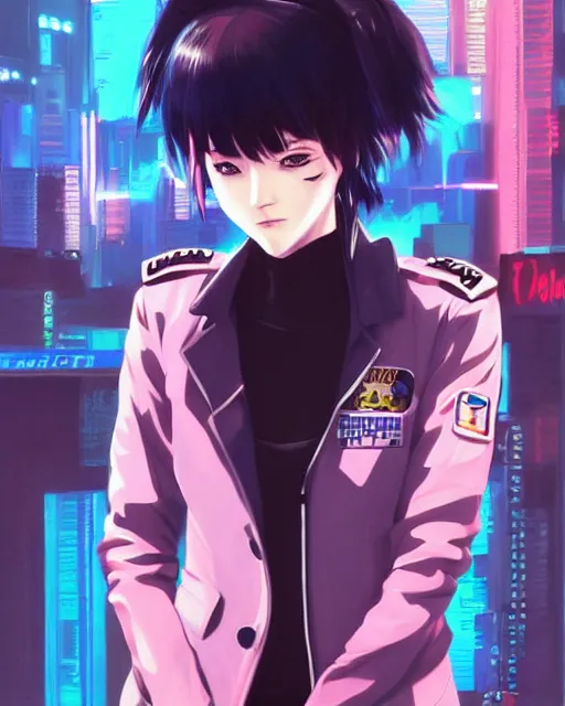 Image similar to police officer girl very very anime!!! fine face, audrey plaza, realistic shaded perfect face, fine details. anime. realistic shaded lighting cyberpunk futuristic neon tattoos styled hair reflective puffy sheen film jacket decorated poster by ilya kuvshinov katsuhiro otomo ghost in the shell magali villeneuve artgerm jeremy lipkin michael garmash rob rey