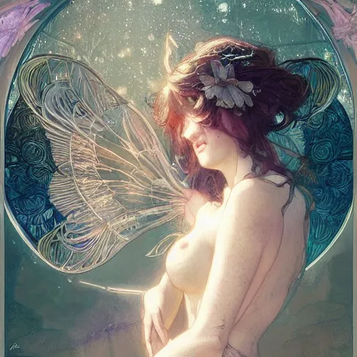 Image similar to beautiful angelic seductive fairy, fantasy, intricate, cinematic lighting, highly detailed, digital painting, artstation, smooth, sharp focus, illustration, art by Akihiko Yoshida, Greg Rutkowski and Alphonse Mucha, by Pixar
