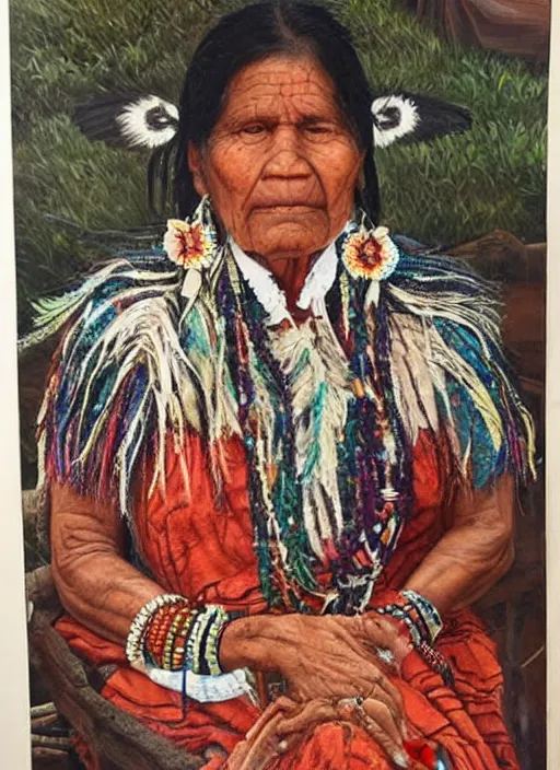 Prompt: a beautiful painting of an indigenous grand-mother, highly detailed