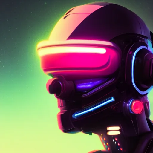 Image similar to cyberpunk concept cool cyborg bot, cinema 4 d, galaxy, cosmos, ufo, space sci - fi, wearing vr goggles, illustration, portrait, pastel neon textured background night, trending on artstation, greg rutkowski, octane rendered, 1 2 k, detailed,