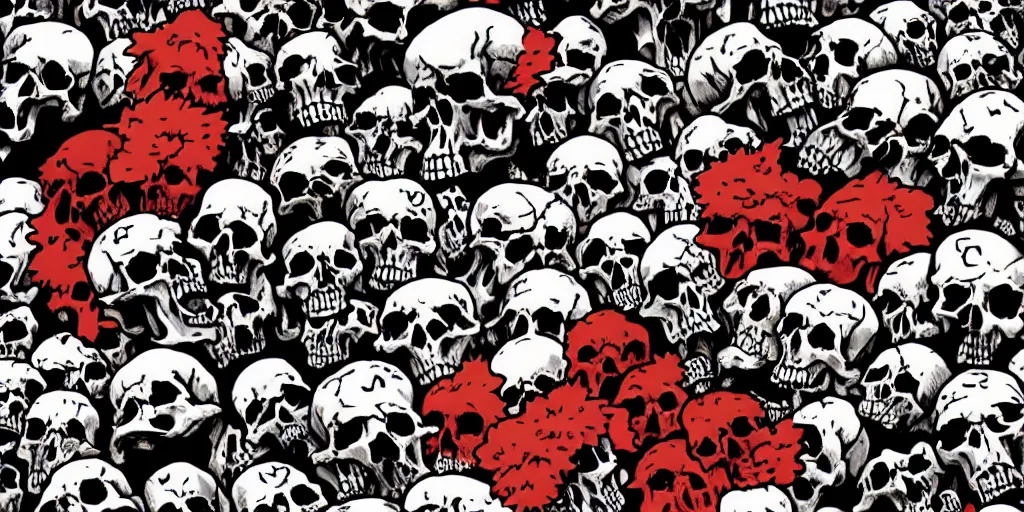 Image similar to a !!!!hellish landscape of skulls of different sizes, bones and flesh. Anime style.