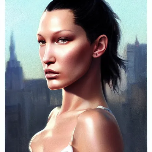 Image similar to a closeup portrait of bella hadid, dramatic light, city background, sunset, high contrast, sharp, painted by stanley lau, painted by greg rutkowski, painted by stanley artgerm, digital art, trending on artstation