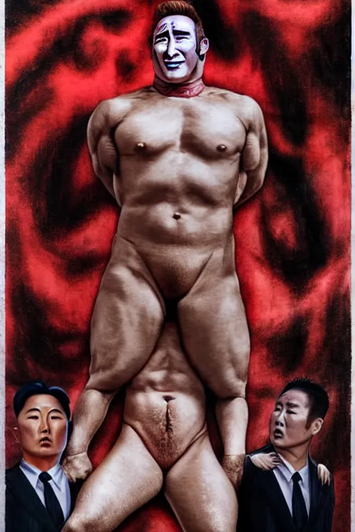 Image similar to hyperrealism billy herrington as north korean kim chen photography in style of alejandro jodorowsky and giger and araki nobuyoshi