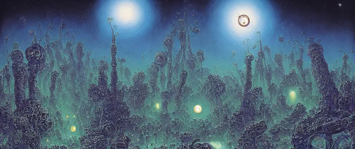 Prompt: a utopian city resting on the tongue of yog-soggoth as he slumbers curled around a BlackHole in outer space by Tim White|Daniel Merriam:.3