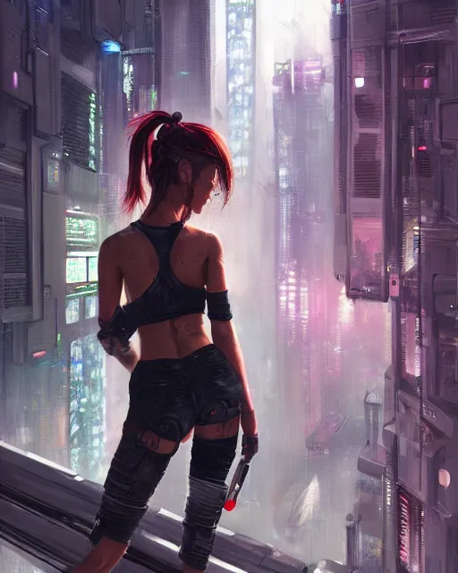 Prompt: realistic female artist painting on a canvas on the rooftop of a cyberpunk city, artstation trends, sci fi concept art, highly detailed, intricate, sharp focus, digital art, 8 k,