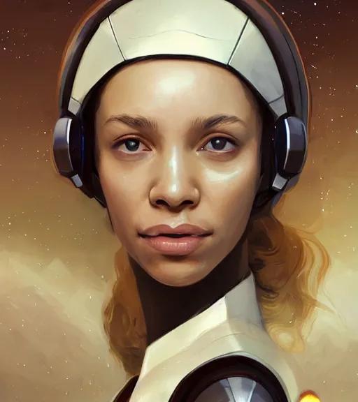 Image similar to portrait of a madeleine mantock 🍑 from the tomorrow people by greg rutkowski, she is about 3 0 years old, slavic, pretty, blond hair with two strans around her face, she is wearing a futuristic space gear, highly detailed portrait, digital painting, artstation, concept art, smooth, sharp foccus ilustration, artstation hq.