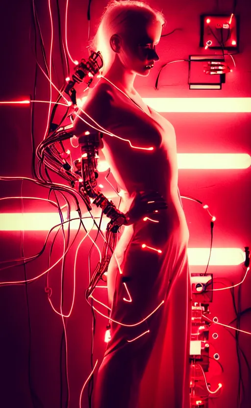 Image similar to woman, android, cyberpunk, artificial limbs, circuit, wires, mechanisms, tattoos, neon light, hard light, glamour, vogue photoshoot, fashion, long dress, red dress, raindrops, rain, wet, make - up, leaky make - up, red lipstick