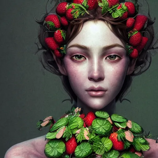 Prompt: the portrait of an absurdly beautiful, graceful, elegant, sophisticated woman made of strawberries and green petals, an ultrafine hyperdetailed illustration by kim jung gi, irakli nadar, proportions, intricate linework, bright colors, octopath traveler, final fantasy, unreal engine 5 highly rendered, global illumination, radiant light, detailed and intricate environment