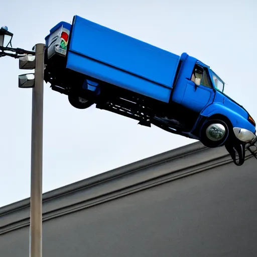 Image similar to blue truck dangling from atop a street light pole