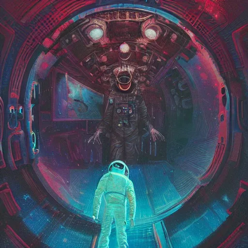 Image similar to astronaut, horror poster 9 0 s, cosmic horror, abstract, ghostly, arcade, duotone, poltergeist, lets get weird, intricate, elegant, highly detailed, digital painting, artstation, smooth, sharp focus, art by mondo, julian del rey and greg rutkowski, david la chapelle, ultraviolet colors,