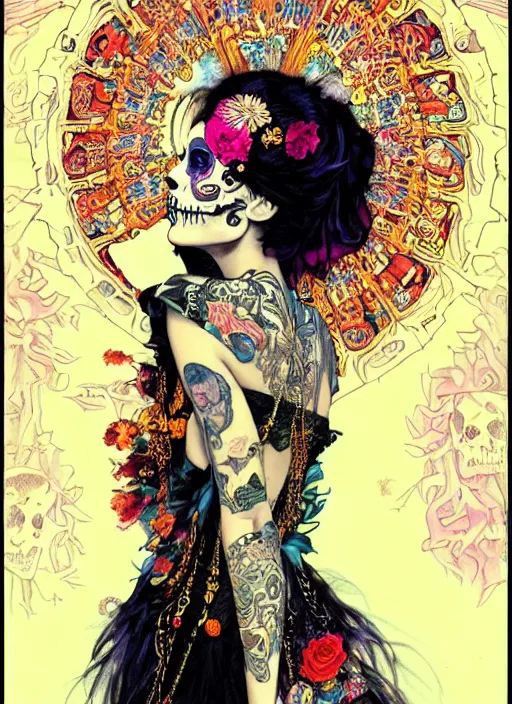 Image similar to cute punk goth fashion fractal Día de los Muertos tattooed girl posing in goth outfit by by Mario Testino, psychedelic poster art of by Victor Moscoso Rick Griffin Alphonse Mucha Gustav Klimt Ayami Kojima Amano Charlie Bowater, masterpiece