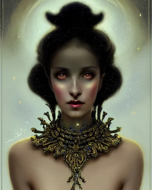 Image similar to Nocturne, glowing, stars, a portrait of a beautiful female shadow djinn creature with long fur collar, highly detailed, mysterious, ethereal, dressed in velvet and gold jewelry, haute couture, illustration, dramatic lighting, soft details, painting, by Edmund Blair Leighton, Brom, Charlie Bowater, trending on artstation, faces by Tom Bagshaw, otto schmidt