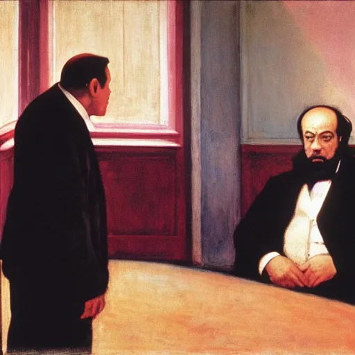 Prompt: silvio berlusconi talking with karl marx, film still by edward hopper, by Pontormo, by klimt, art noveau, highly detailed, strong lights, liminal, eerie, Bright pastel colors