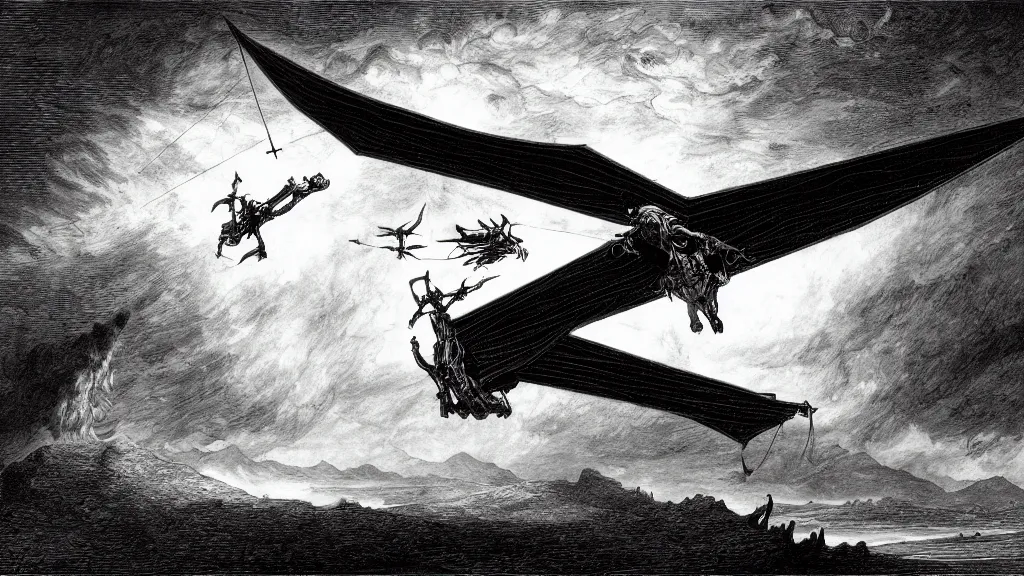 Image similar to drawing of an ornithopter flying toward a desert storm, by gustave dore, nineteenth century, black and white, vintage, science fiction, epic composition, dramatic lighting, highly detailed, cinematic, in the style of the movie dune