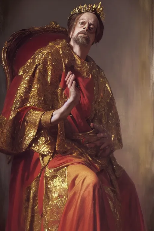 Prompt: beautiful portrait oil painting, steve buscemi wearing a golden wreath crown in royal crimson robes enthroned as the god emperor of ancient rome, mid - shot, by anders zorn, wonderful masterpiece by greg rutkowski, beautiful cinematic light, american romanticism, by thomas lawrence, greg rutkowski