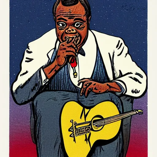 Prompt: “portrait of Louis Armstrong, by Robert crumb, coloured, graphic”