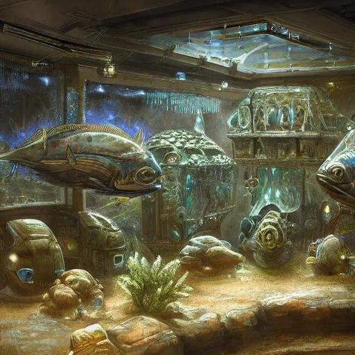 Prompt: detailed painting of a fish tanks with celestial ephemeral ornaments and hr giger architecture, artstation, greg crewdson, cinematic