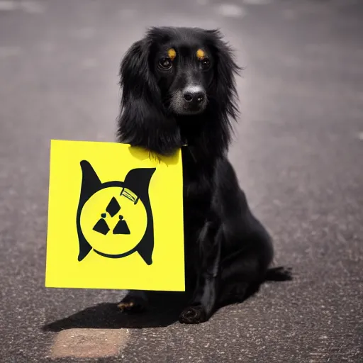 Prompt: professional photo of a dog holding a sign with a nuclear radiation warning on it