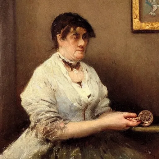 Image similar to woman collecting antique coins by alfred stevens