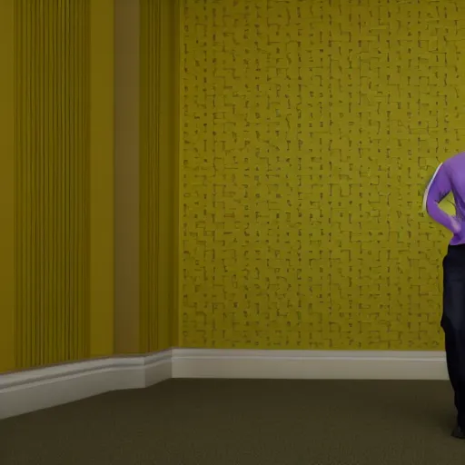 Image similar to 3 d render of jerma 9 8 5, jerma in a liminal space, non - euclidean space, endless halls of an office space, worn mono - yellow 7 0 s wallpaper, old moist carpet, inconsistently - placed fluorescent lighting, high octane, blender, 3 d render