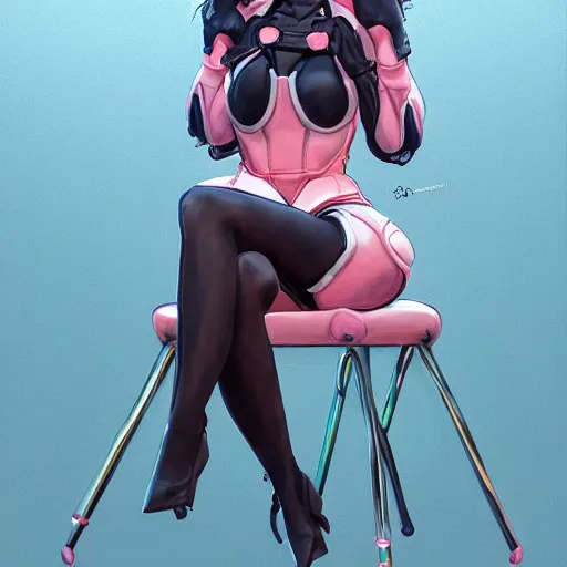 Image similar to Portrait of D.Va wearing gloves, sitting on a chair, intricate upper body, whole body, highly detailed, digital painting, artstation, concept art, smooth, sharp focus, illustration, art by Hajime Sorayama