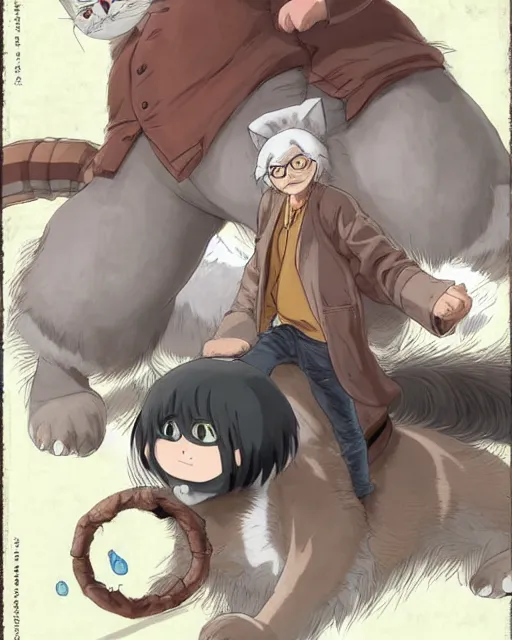 Prompt: fat otaku on the giant cat, funny comic panels, graphic art, rgba, 8 k hd resolution, pinterest, dynamic character, 8 k character details, concept art, 8 k ultra realistic, intricate details, ultra detailed, reduce character duplication, in style of hayao miyazaki