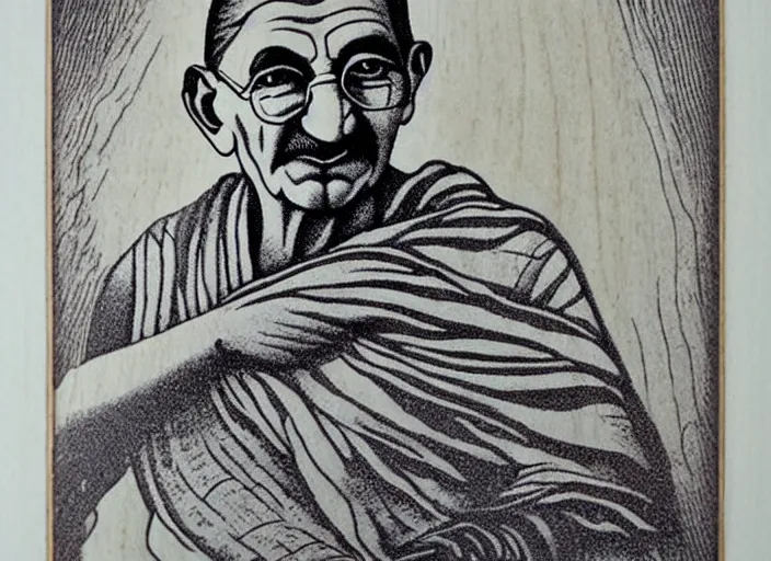 Image similar to a beautiful wood engraving on paper of gandhi