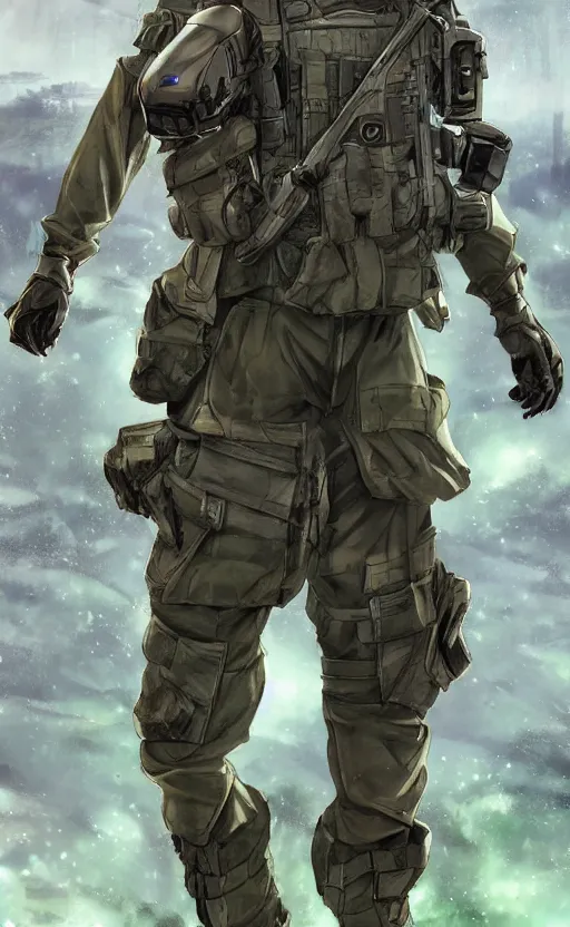 Image similar to girl, trading card front, future soldier clothing, future combat gear, realistic anatomy, concept art, professional, by ufotable anime studio, green screen, volumetric lights, stunning, military camp in the background, metal hard surfaces, focus on generate the face, left eye is closed, tanny skin