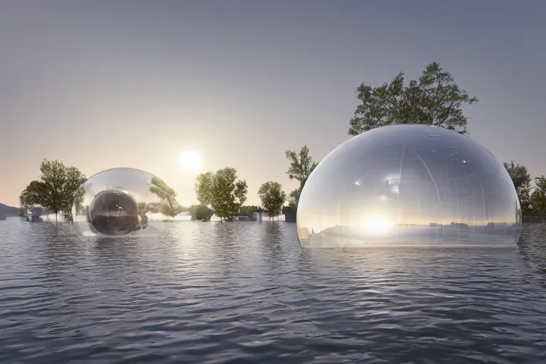 Image similar to a bubble building formed by the intersection and fusion of many white spherical spaces, on the calm lake surface, people's perspective modern curved architecture, future, wood, marble, metal award winning, highly detailed 4 k art, dusk, unreal engine highly rendered, global illumination, radial light, internal environment by kazuyo sejima