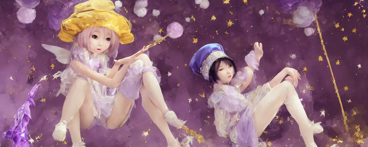 Prompt: Full View of a mysterious kpop fairy maidens with short blond hair wearing an oversized purple Beret, Baggy Purple overall shorts, Short Puffy pants made of silk, silk shoes, a big billowy scarf, Golden Ribbons, white leggings Covered in stars. Short Hair. peasant magic. masterpiece 4k digital illustration by Ruan Jia and Mandy Jurgens and Artgerm and william-adolphe bouguereau, award winning, Artstation, art nouveau aesthetic, Alphonse Mucha background, intricate details, realistic, panoramic view, Hyperdetailed, 8k resolution, intricate art nouveau, smooth, sharp focus