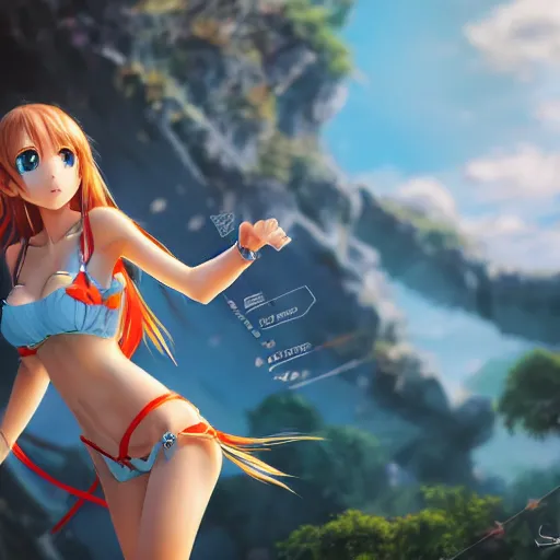 Image similar to bird perspective : a giant macro very beautiful young yuuki asuna, full body, long wavy blond hair, sky blue eyes, full round face,, bikini, miniskirt, stepping on a miniature city, cinematic wallpaper by stanley artgerm lau