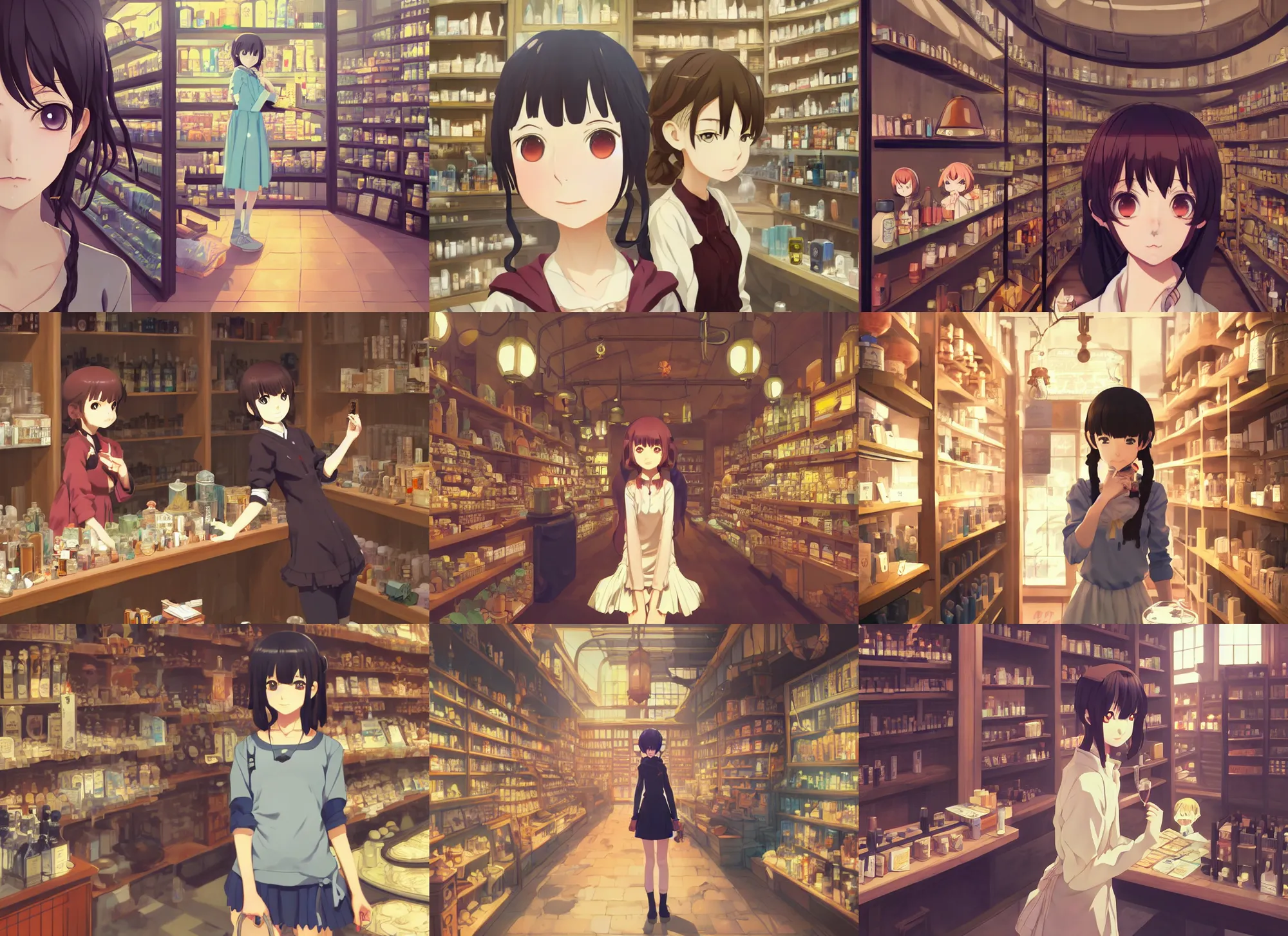 Prompt: anime frames, portrait of a young female traveler in a alchemist's potion shop interior shopping, cute face by ilya kuvshinov, makoto shinkai, dynamic perspective pose, rounded eyes, detailed facial features, lomography, hdr, yoh yoshinari