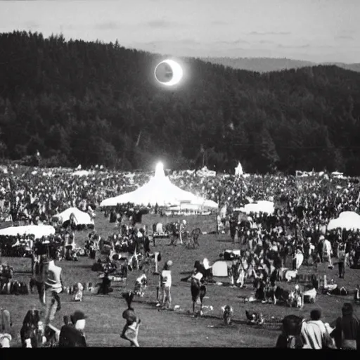 Prompt: a picture of an ufo above an hippie festival in the 6 0's, black and white