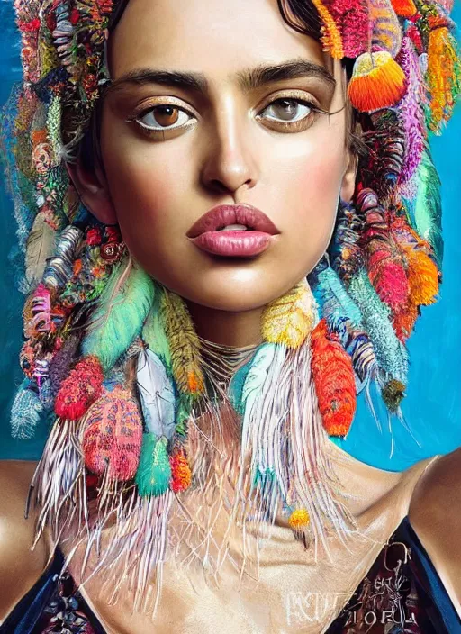 Image similar to beautiful portrait of Irina Shayk wearing fantastic Hand-dyed cotton dress,embellished beaded feather decorative fringe knots ,colorful pigtail,subtropical flowers and plants,symmetrical face,mediterranean,intricate,elegant,highly detailed,8k,post-processing,digital painting,trending on pinterest,harper's bazaar,concept art, sharp focus, illustration, by artgerm,Tom Bagshaw,Lawrence Alma-Tadema,greg rutkowski,alphonse Mucha