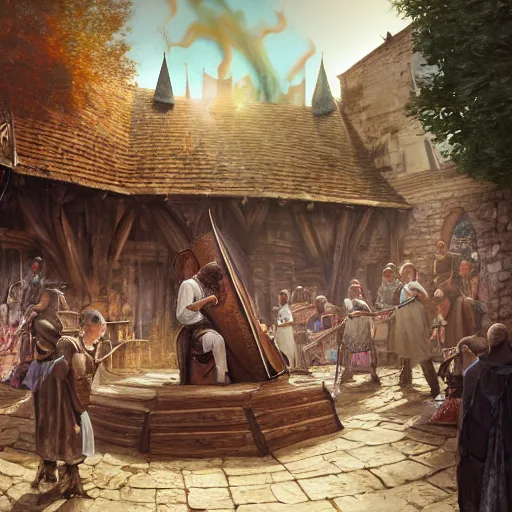 Image similar to a detailed concept art of a young medieval bard singing in a wooden stage in the middle of an old wooden town with his hurdy - gurdy. magical smoke explosion around him. mid day light. sunny day. medieval market fest. people gathering around. wide angle. trending on artstation, craig mullins, gopro lens. centered composition. water well.