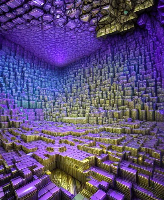 Image similar to giant fractal bismuth room consists of bismuth geodes, fractalization, extremely high details, masterpiece, photorealistic, hyperrealism, vray, octane render, volumetric lighting, depth of field, bokeh, artstation, cgsociety by johannen voss, greg broadmore