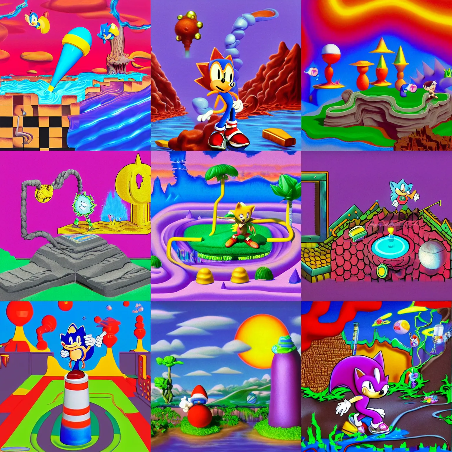 Prompt: clay stop motion claymation portrait of sonic hedgehog and a matte painting landscape of a surreal sharp, detailed professional soft pastels high quality airbrush art lava lamp album cover liquid dissolving airbrush art lsd dmt sonic the hedgehog swimming through cyberspace lava lamp checkerboard background 1 9 9 0 s 1 9 9 2 sega genesis rareware video game album cover