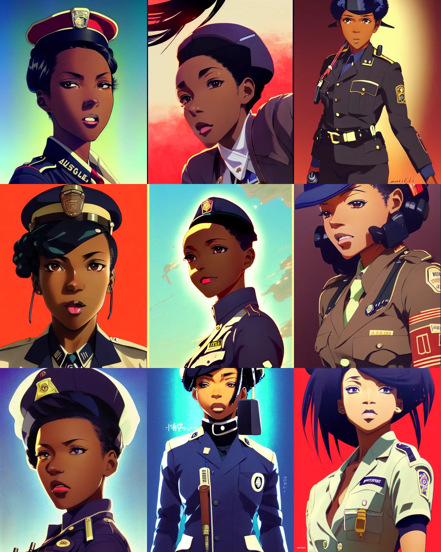 Prompt: A beautiful young anime African-American dieselpunk policewoman || very anime, fine-face, pretty face, realistic shaded Perfect face, fine details. Anime. realistic shaded lighting poster by Ilya Kuvshinov katsuhiro otomo ghost-in-the-shell, magali villeneuve, artgerm, Jeremy Lipkin and Michael Garmash and Rob Rey