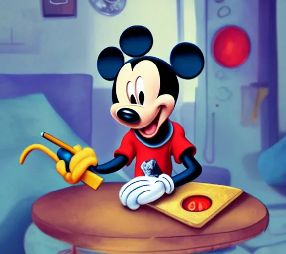 Prompt: Mickey Mouse smoking a weed joint in his apartment, stoned eyes, smoke, bongs on the table, highly detailed, amazing digital art, trending on artstation