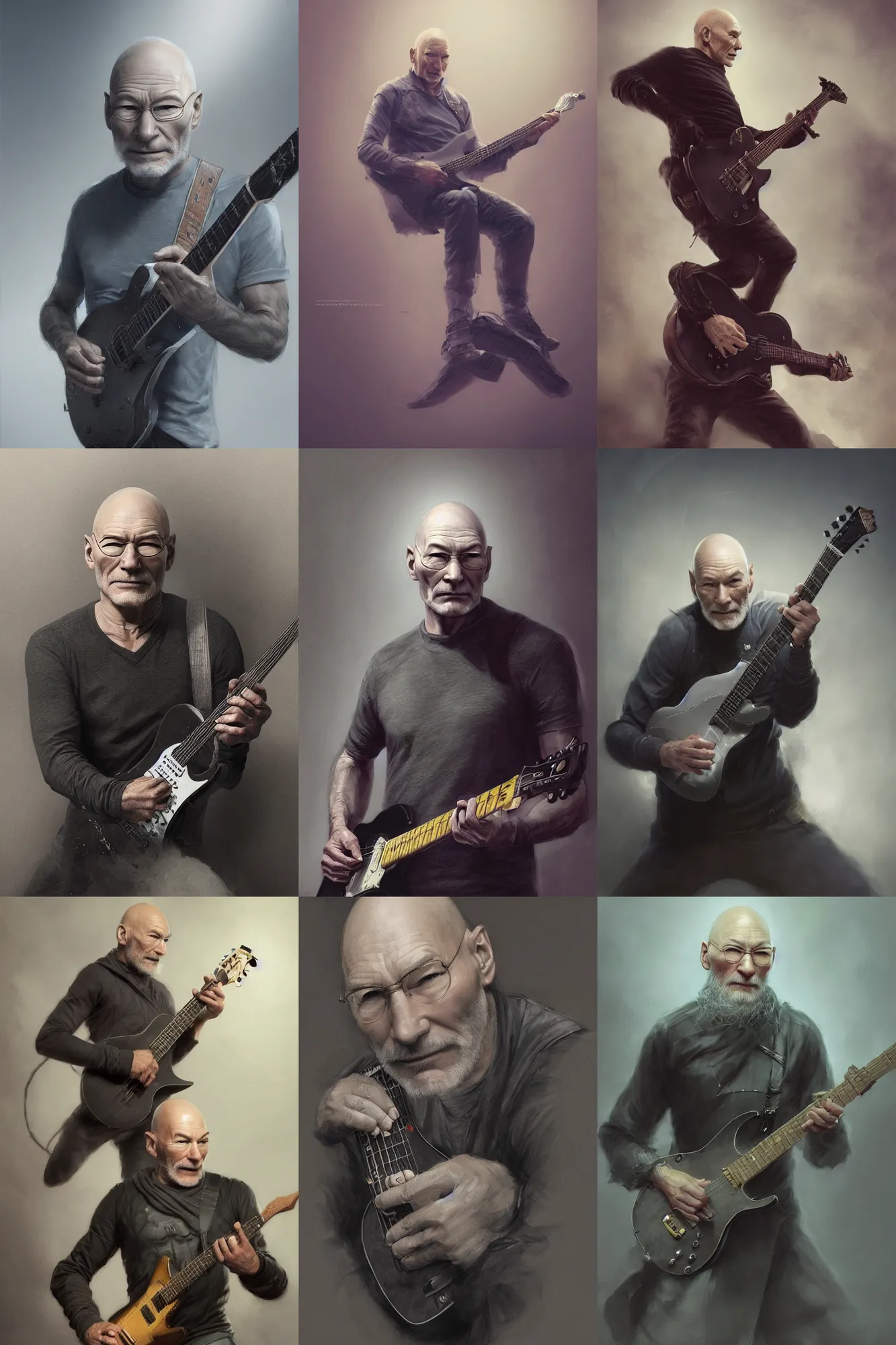 Prompt: patrick stewart with a long grey beard playing the guitar, black clothing, 3 d render, hyper - realistic detailed portrait, ruan jia, wlop. scifi, fantasy, magic the gathering, hyper detailed, octane render, concept art, peter mohrbacher