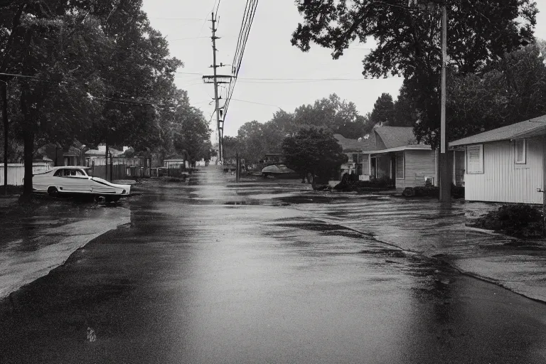 Image similar to a detailed photograph of a 1 9 7 0 s american neighborhood by gregory crewdson, photoreal, 4 k, rain