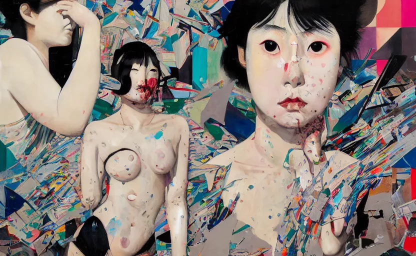 Image similar to decollage painting young japanese actress struggling in a ruined city by adrian ghenie and takato yamamoto and edward hopper and mark ryden and tsutomu nihei, part by bridget riley, acrylic pour and splashing paint, very coherent, baroque elements, perfect anatomy, intricate design. pop art.